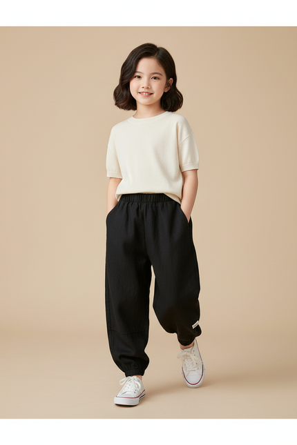 Pantalon Baggy Noir Ample Fluide Élastiqué Enfant - Lin
