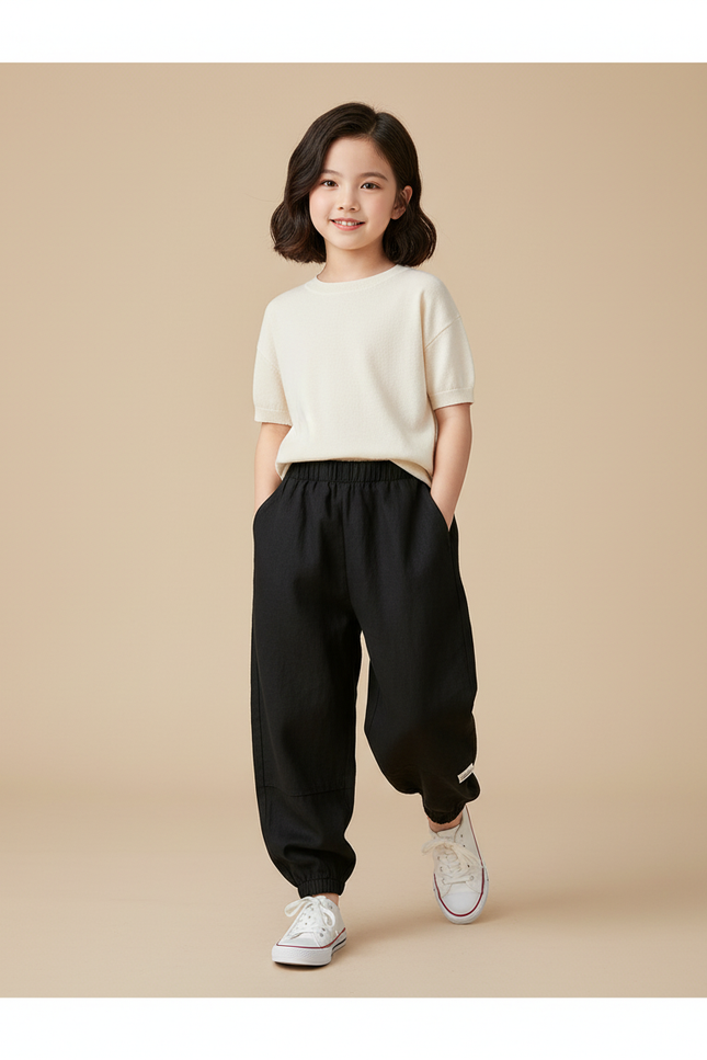 Pantalon Baggy Noir Ample Fluide Élastiqué Enfant - Lin