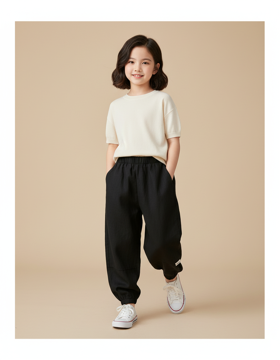 Pantalon Baggy Noir Ample Fluide Élastiqué Enfant - Lin
