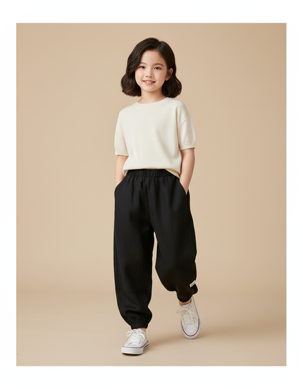Pantalon Baggy Noir Ample Fluide Élastiqué Enfant - Lin