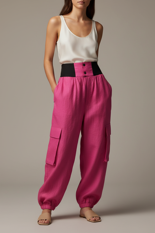 Pantalon Baggy Fuchsia Cargo Lin Taille Haute - Rose