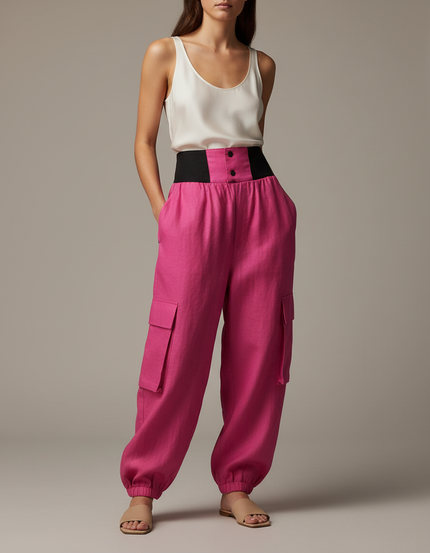 Pantalon Baggy Fuchsia Cargo Lin Taille Haute - Rose