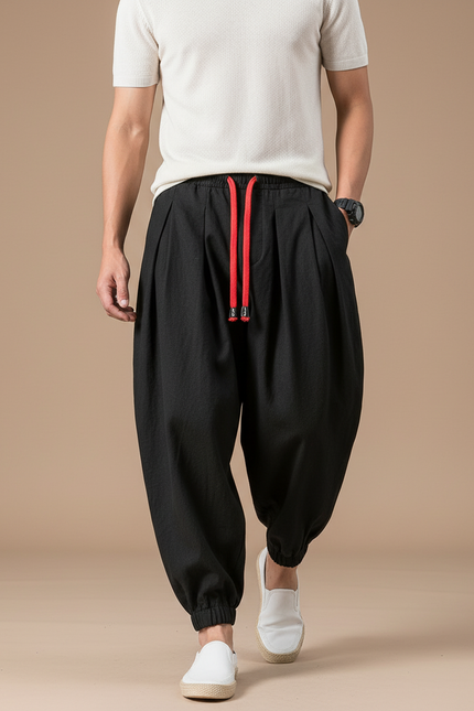 Pantalon Baggy Noir Lin Plissé Cordon Rouge Homme