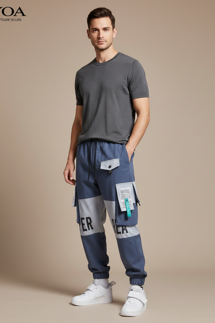 Pantalon Baggy Bleu Gris Cargo Imprimé Multi-Poches Homme - Toile