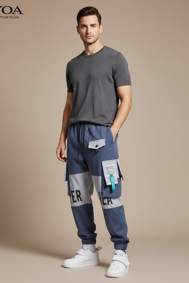 Pantalon Baggy Bleu Gris Cargo Imprimé Multi-Poches Homme - Toile