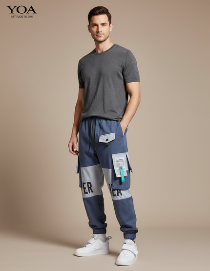 Pantalon Baggy Bleu Gris Cargo Imprimé Multi-Poches Homme - Toile