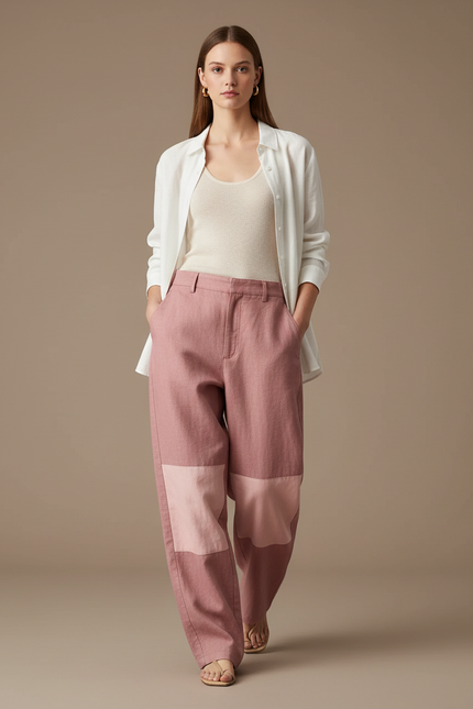 Pantalon Baggy Rose Bicolore Ample Décontracté Femme - Coton