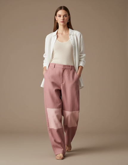 Pantalon Baggy Rose Bicolore Ample Décontracté Femme - Coton