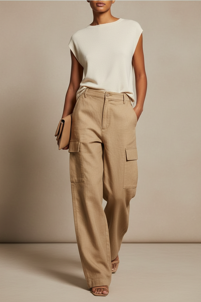 Pantalon Baggy Cargo Ample Lin Beige Poches