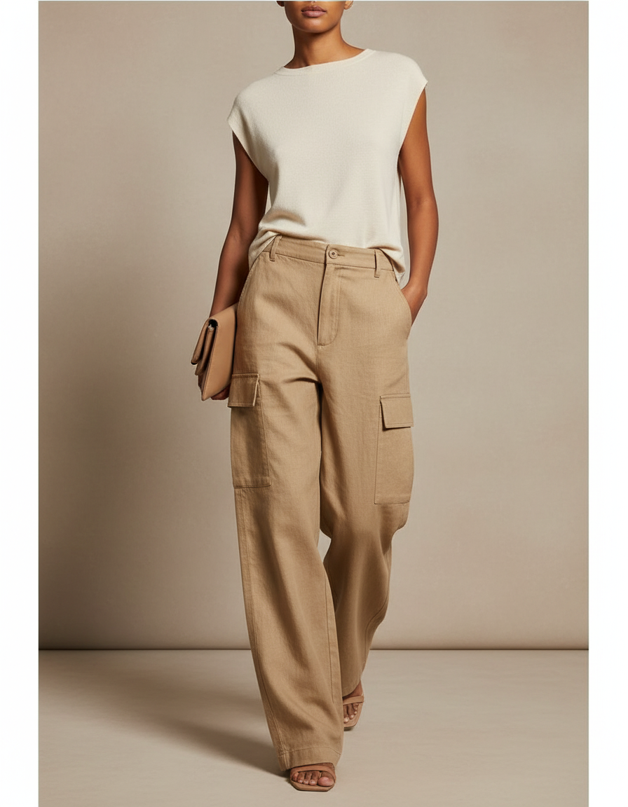 Pantalon Baggy Cargo Ample Lin Beige Poches