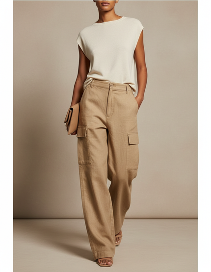 Pantalon Baggy Cargo Ample Lin Beige Poches