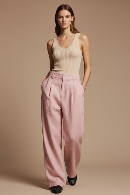 Pantalon Baggy Rose Pâle Lin Plissé Ample Femme