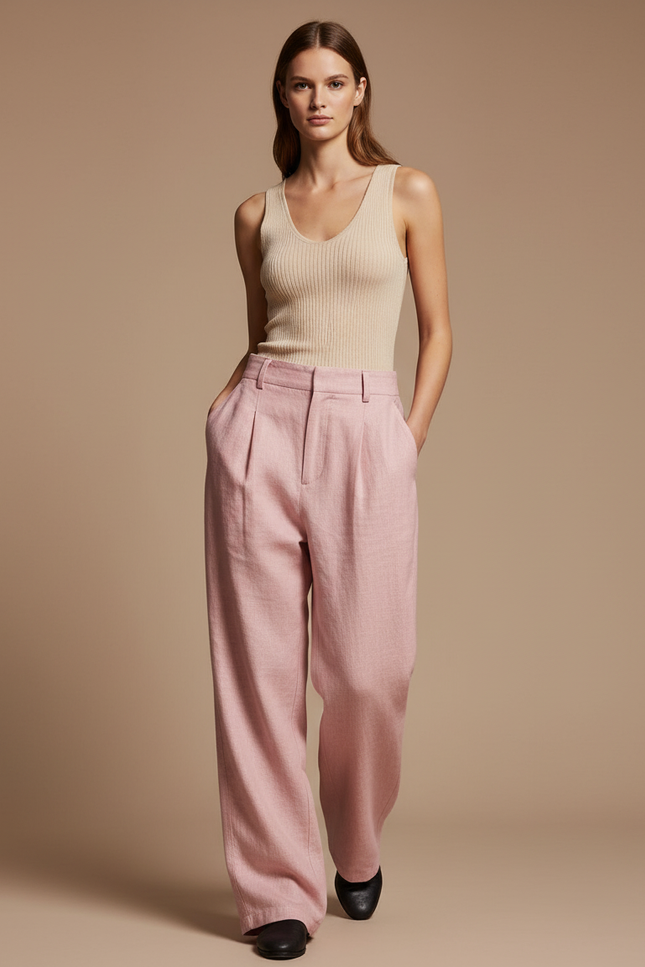 Pantalon Baggy Rose Pâle Lin Plissé Ample Femme