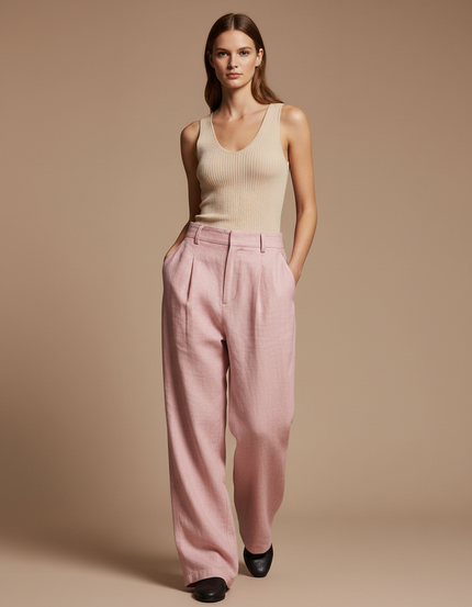 Pantalon Baggy Rose Pâle Lin Plissé Ample Femme
