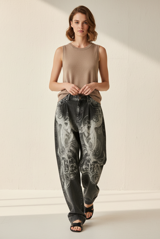 Pantalon Baggy Noir Délavé Brodé Ample Streetwear Y2K - Jean
