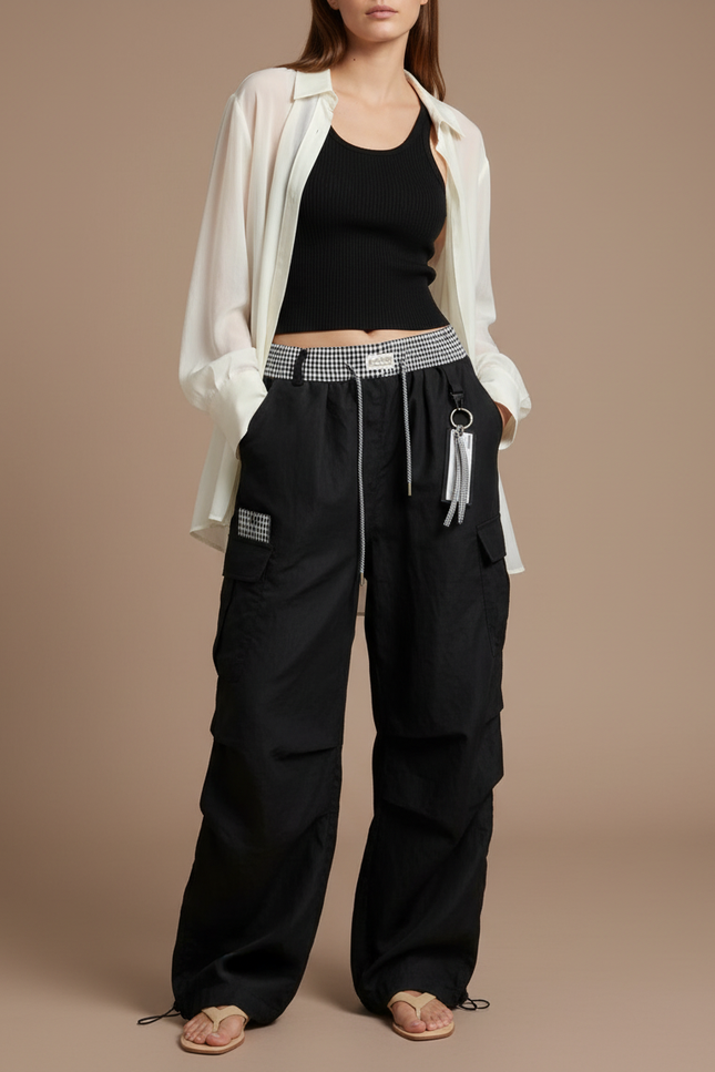 Pantalon Baggy Noir Cargo Ample Streetwear Fluide - Polyester