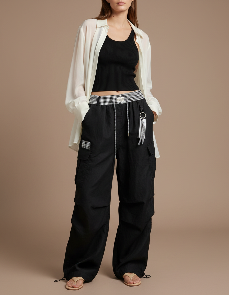 Pantalon Baggy Noir Cargo Ample Streetwear Fluide - Polyester
