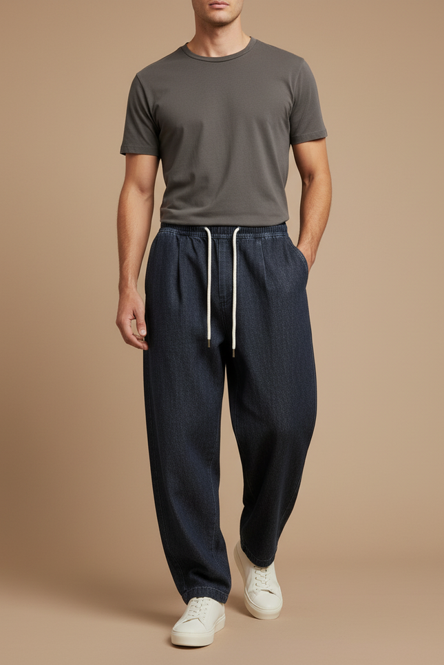 Pantalon Baggy Denim Bleu Marine Ample Cordon Homme - Jean