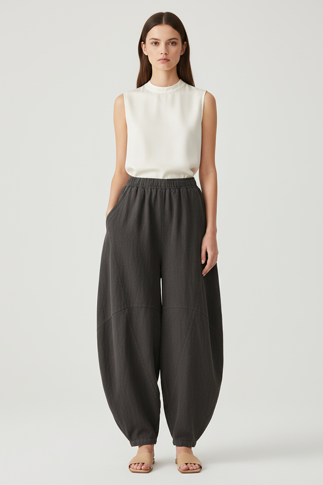 Pantalon Baggy Gris Lin Ample Confortable Femme