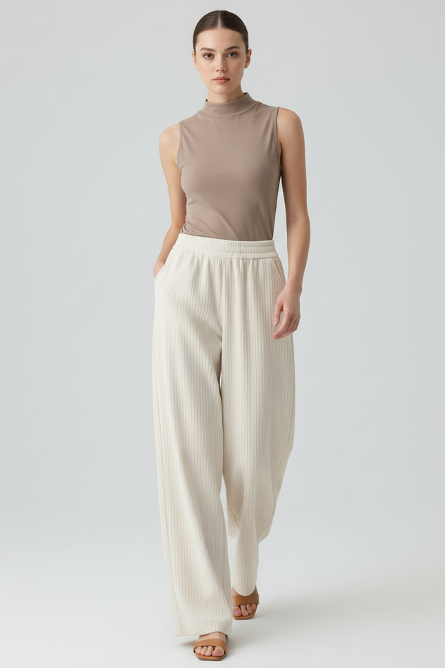 Pantalon Baggy Crème Rayé Fluide Décontracté Femme - Beige Maille