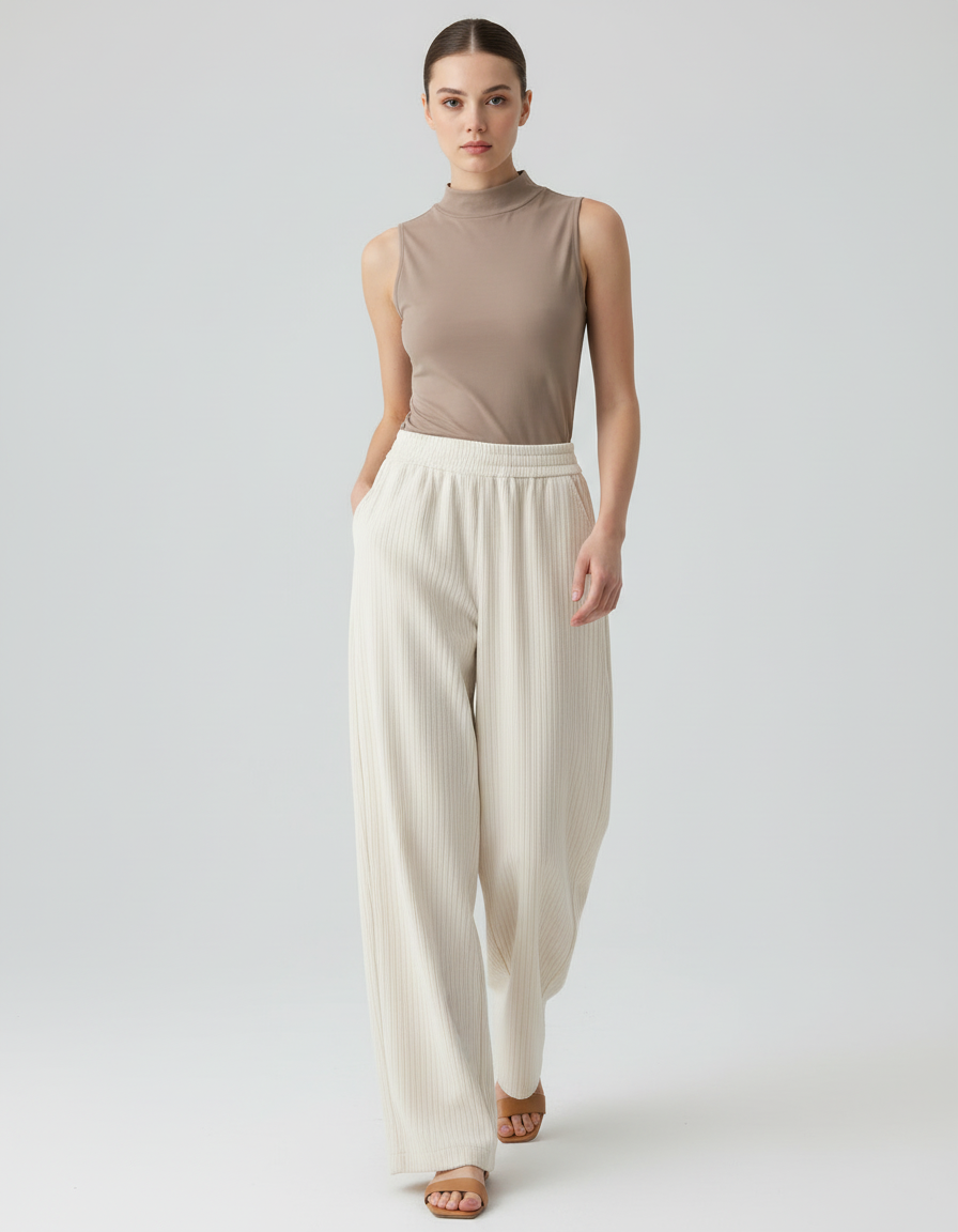 Pantalon Baggy Crème Rayé Fluide Décontracté Femme - Beige Maille
