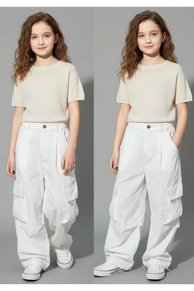 Pantalon Baggy Blanc Cargo Ample Décontracté Enfant - Toile