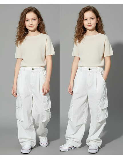 Pantalon Baggy Blanc Cargo Ample Décontracté Enfant - Toile