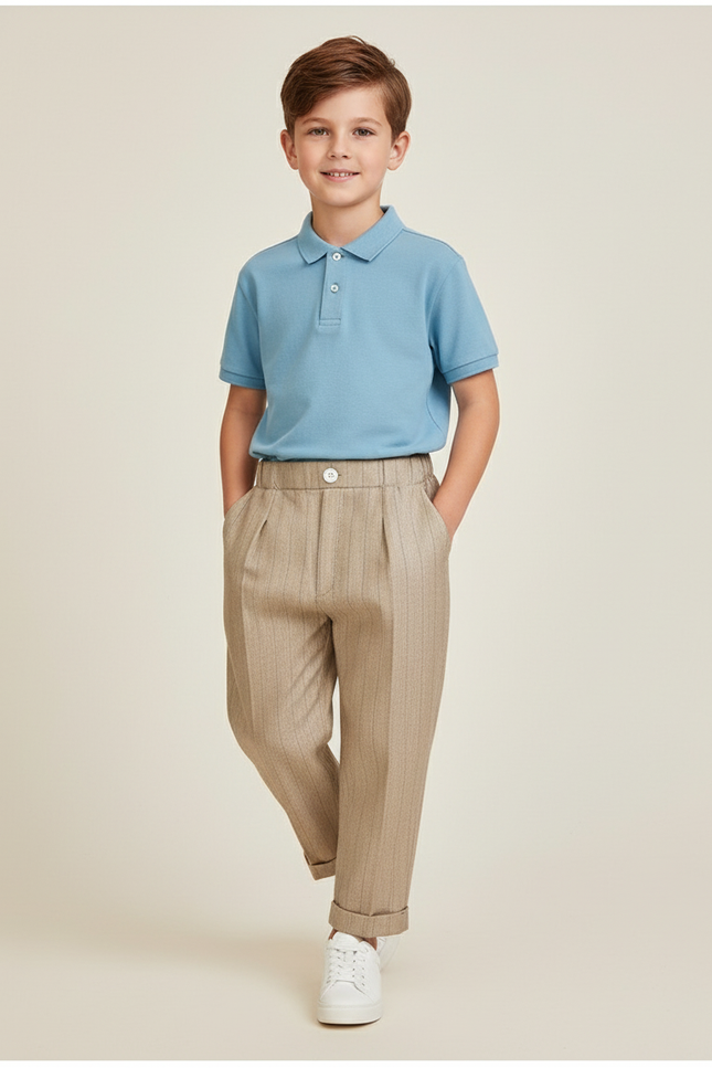 Pantalon Baggy Beige Rayé Plissé Décontracté Enfant - Tweed