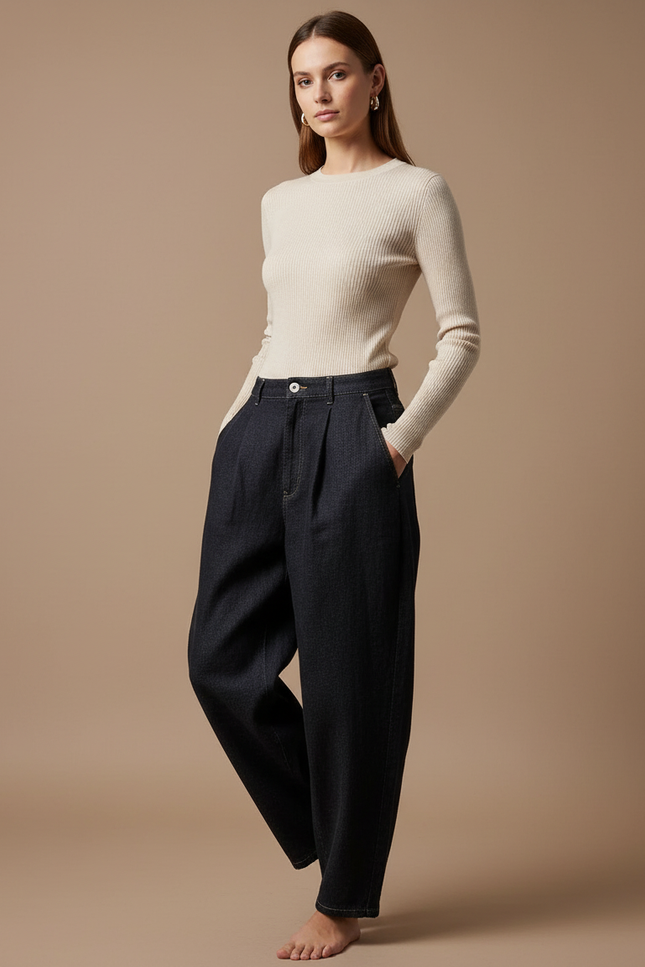 Pantalon Baggy Jean Denim Ample Plissé Taille Haute - Marine