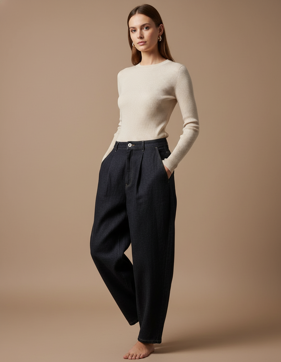 Pantalon Baggy Jean Denim Ample Plissé Taille Haute - Marine