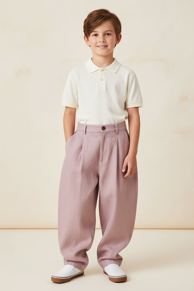 Pantalon Baggy Rose Plissé Ample Décontracté Enfant - Lin