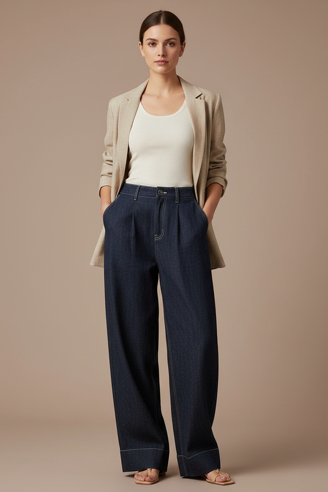 Pantalon Baggy Jean Bleu Marine Ample Plissé Femme