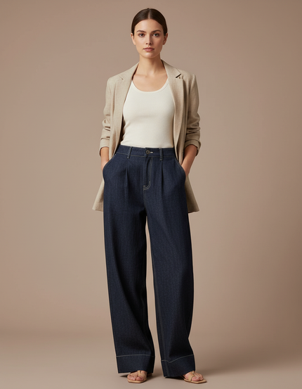 Pantalon Baggy Jean Bleu Marine Ample Plissé Femme