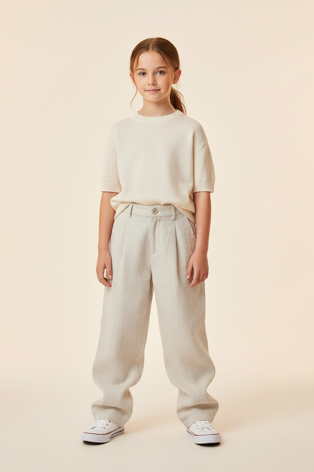 Pantalon Baggy Lin Plissé Ample Décontracté Enfant - Beige