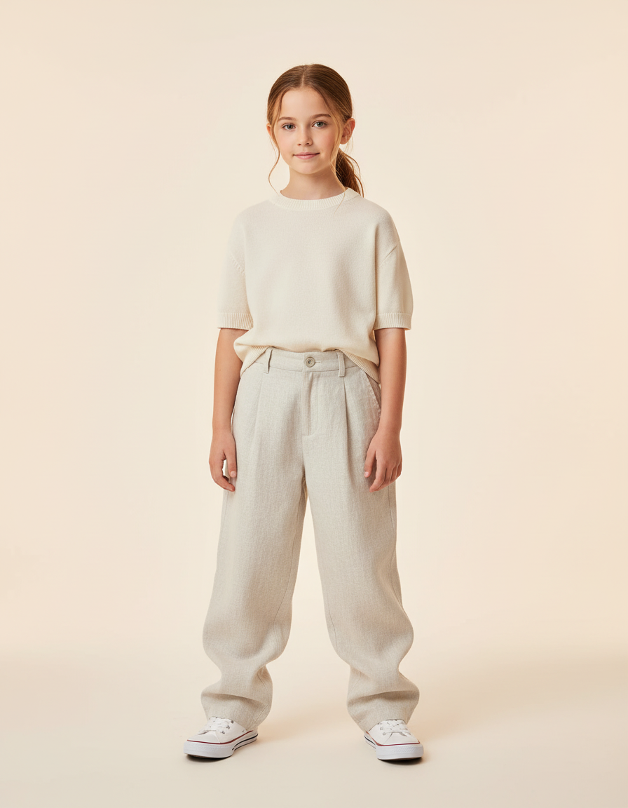 Pantalon Baggy Lin Plissé Ample Décontracté Enfant - Beige