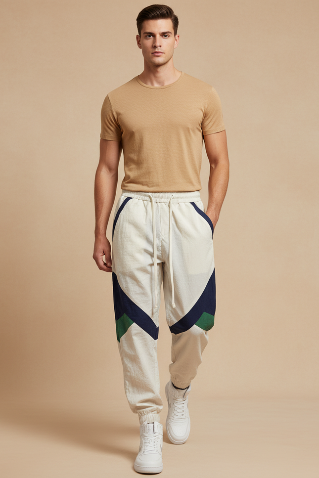 Pantalon Baggy Beige Patchwork Cordon Ample Sport - Lin