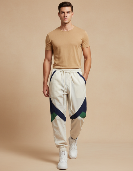 Pantalon Baggy Beige Patchwork Cordon Ample Sport - Lin