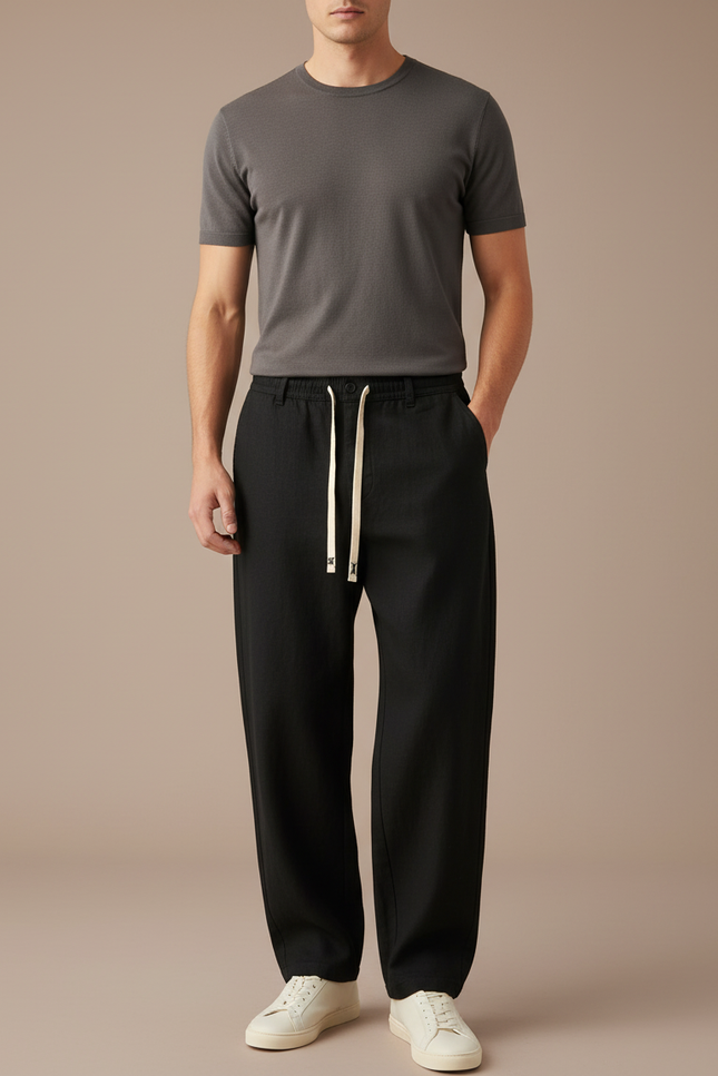 Pantalon Baggy Noir Ample Décontracté Cordon Homme - Lin