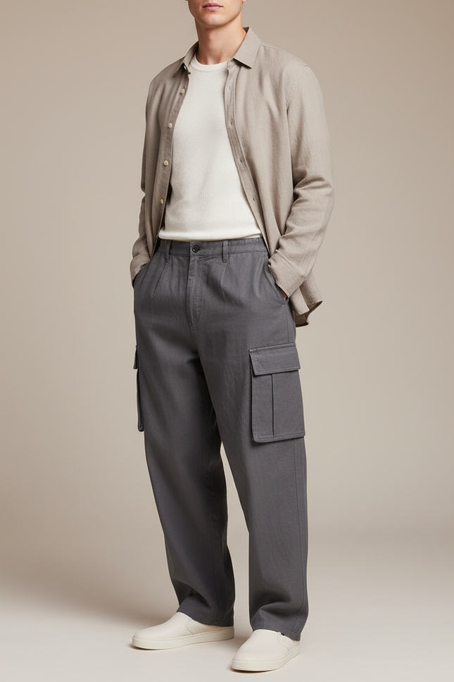 Pantalon Baggy Gris Cargo Ample Homme Coton