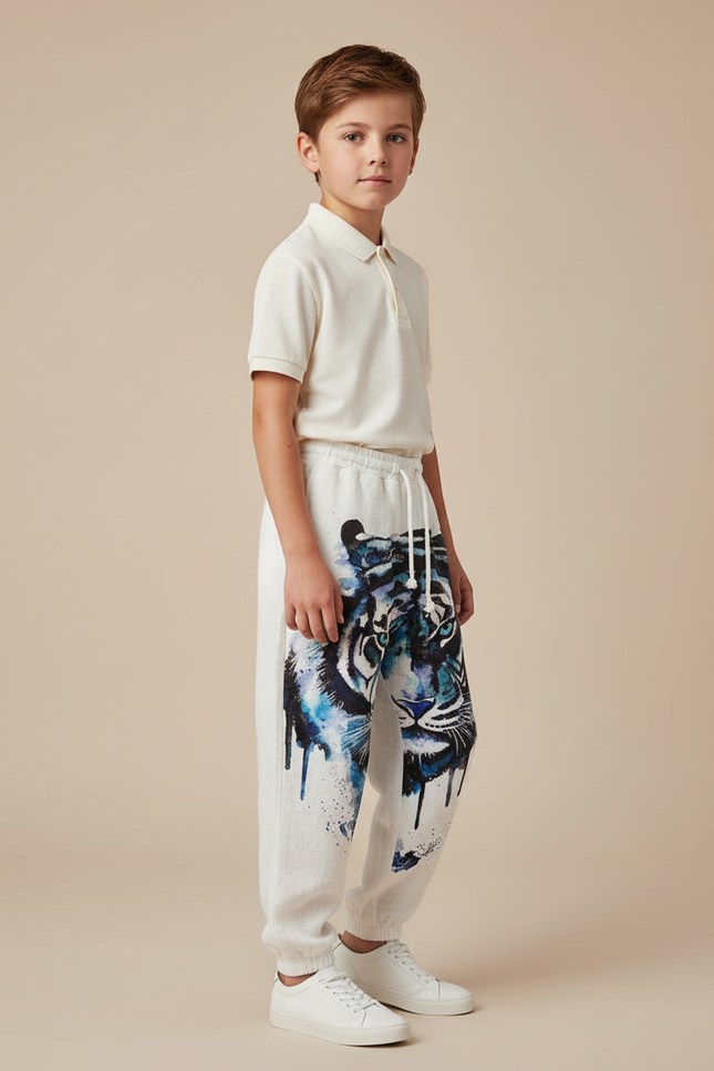 Pantalon Baggy Blanc Imprimé Tigre Bleu Décontracté Garçon - Molleton