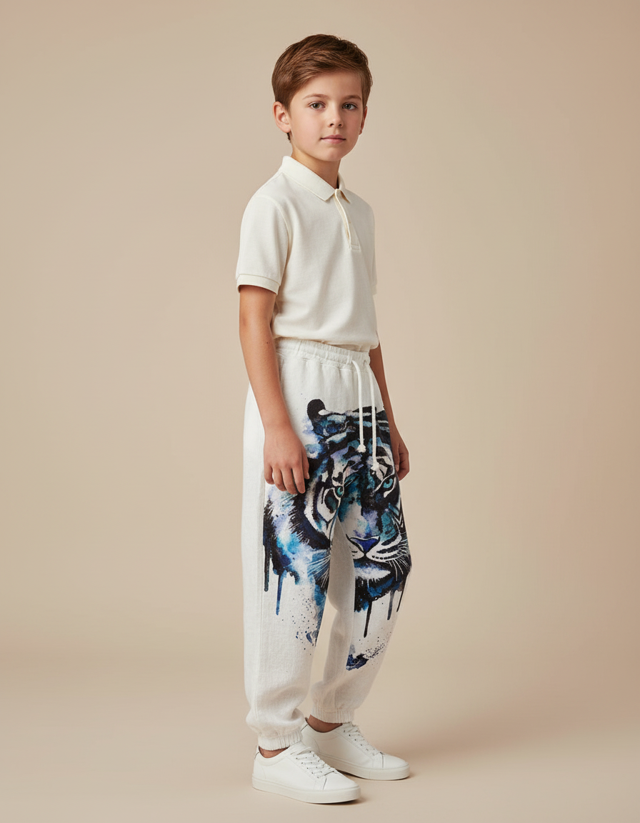 Pantalon Baggy Blanc Imprimé Tigre Bleu Décontracté Garçon - Molleton