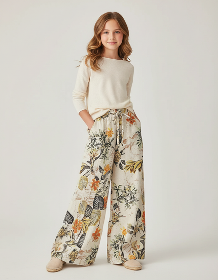 Pantalon Baggy Fleuri Ample Fluide Bohème Cordon - Imprimé Lin