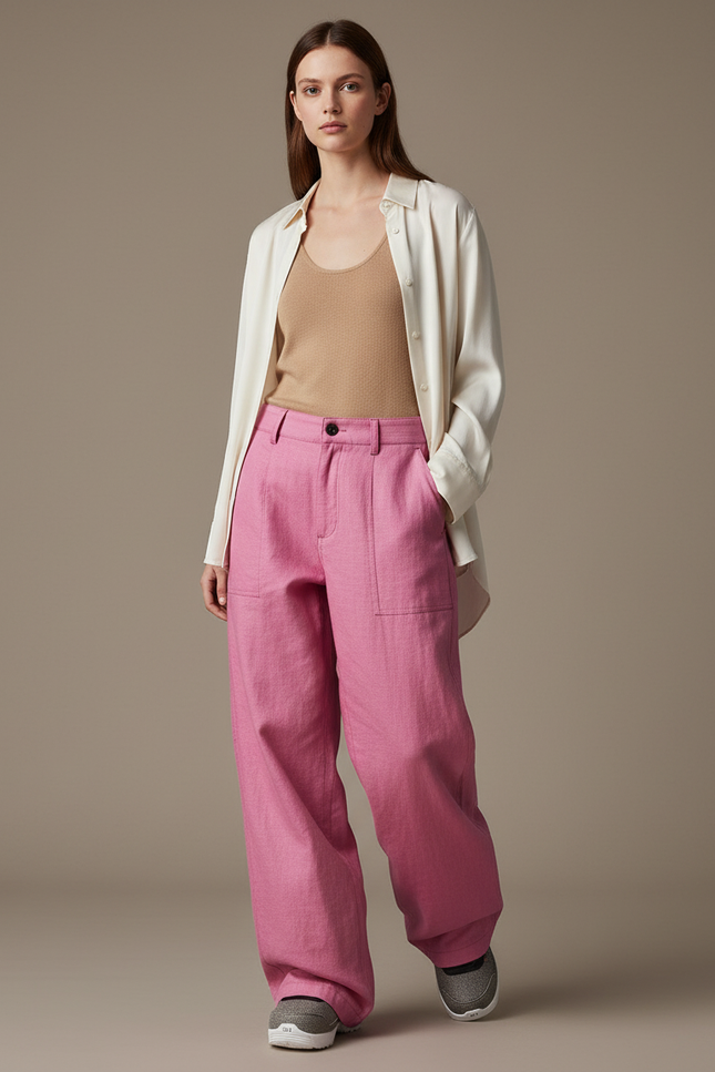 Pantalon Baggy Rose Fuschia Ample Lin Décontracté Femme