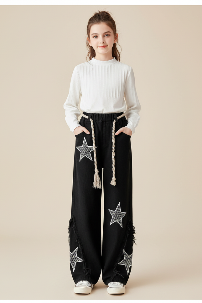 Pantalon Baggy Noir Étoiles Franges Ample Fille - Jean