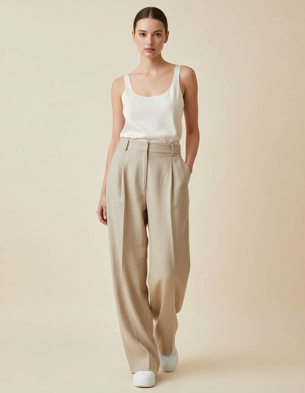 Pantalon Baggy Beige Plissé Ample Taille Haute Chic - Lin
