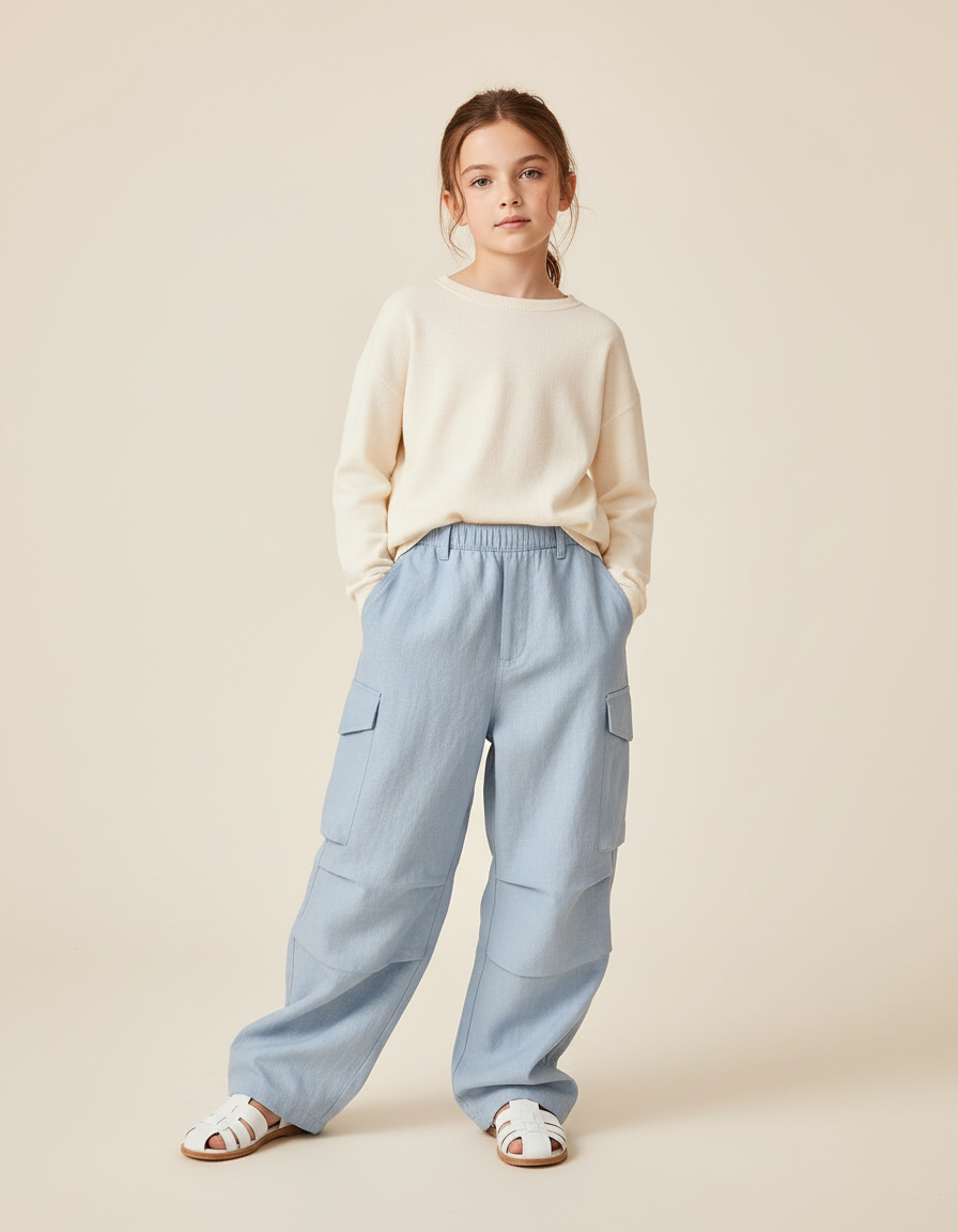 Pantalon Baggy Bleu Clair Ample Cargo Enfant - Lin