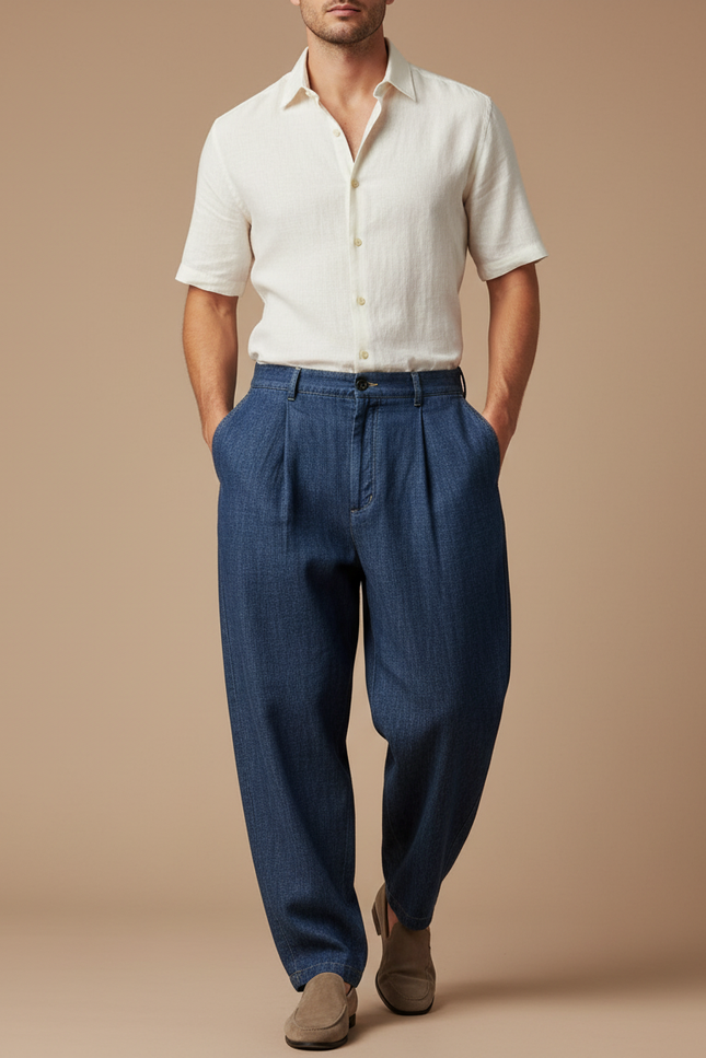 Pantalon Baggy Jean Bleu Plissé Ample Homme