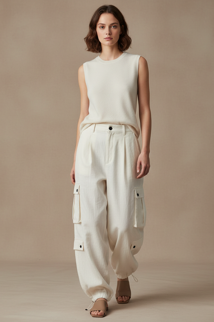 Pantalon Baggy Cargo Écru Ample Coton Femme - Beige