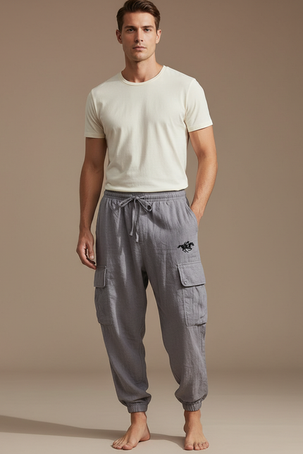 Pantalon Baggy Gris Lin Cargo Ample Cordon Homme