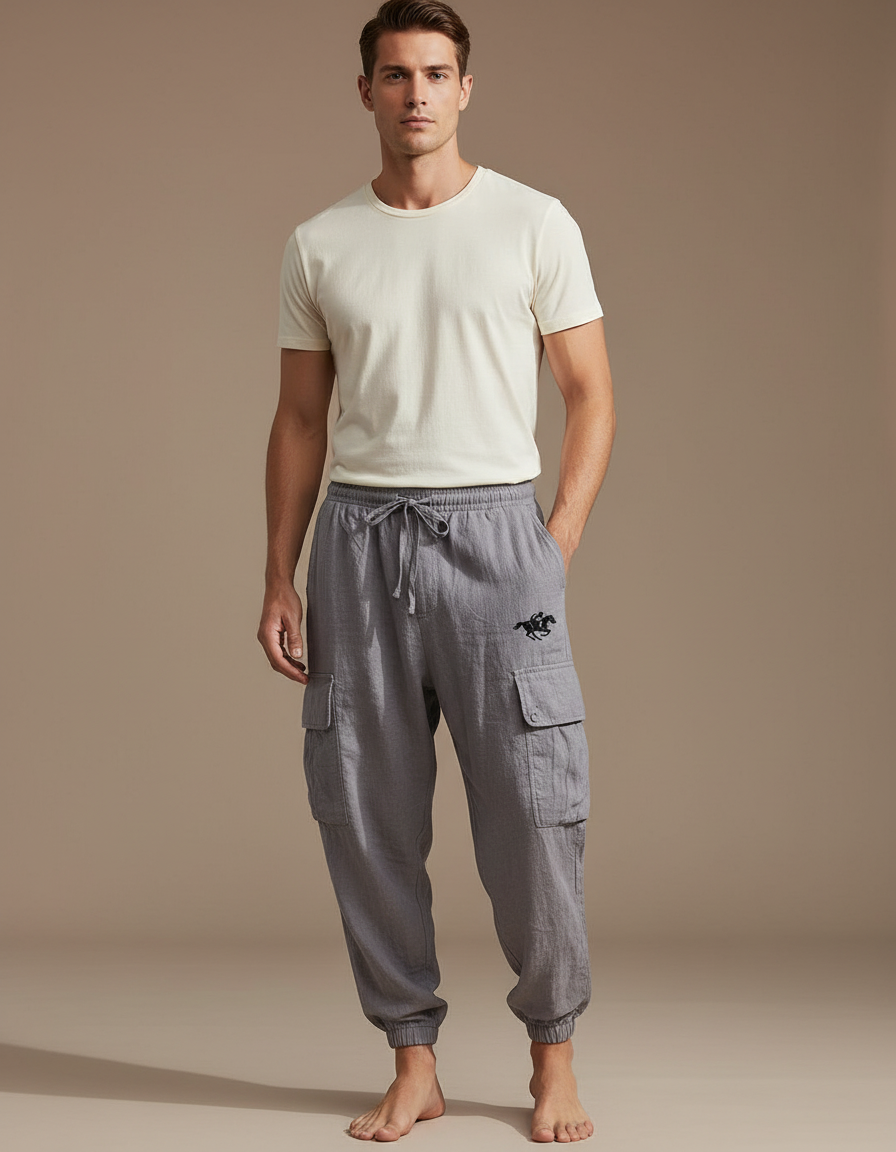 Pantalon Baggy Gris Lin Cargo Ample Cordon Homme
